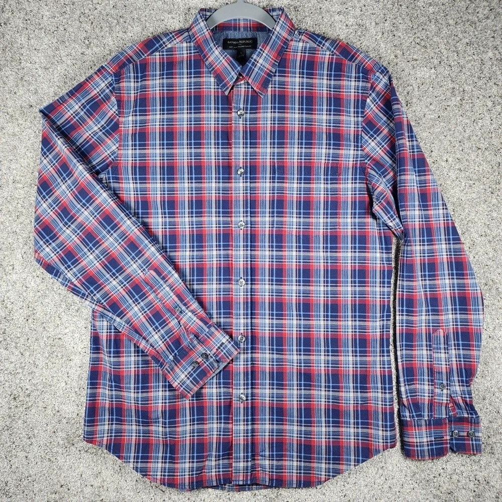 Banana Republic Button Down Mens L Slim Fit Soft Wash Plaid Shirt Excellent